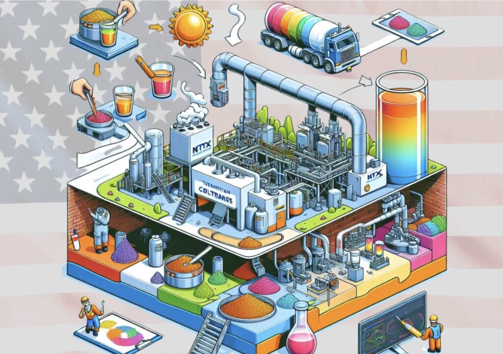 Illustration of manufacturing facility with a US flag in background