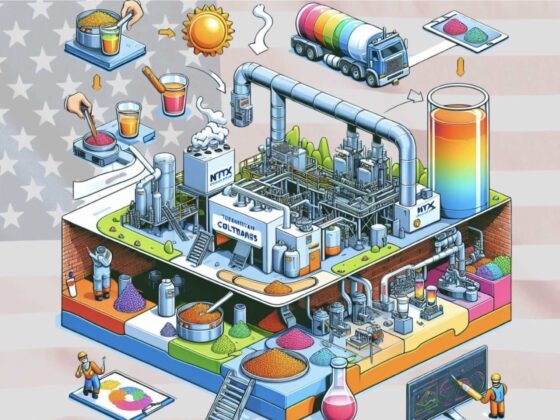 Illustration of manufacturing facility with a US flag in background